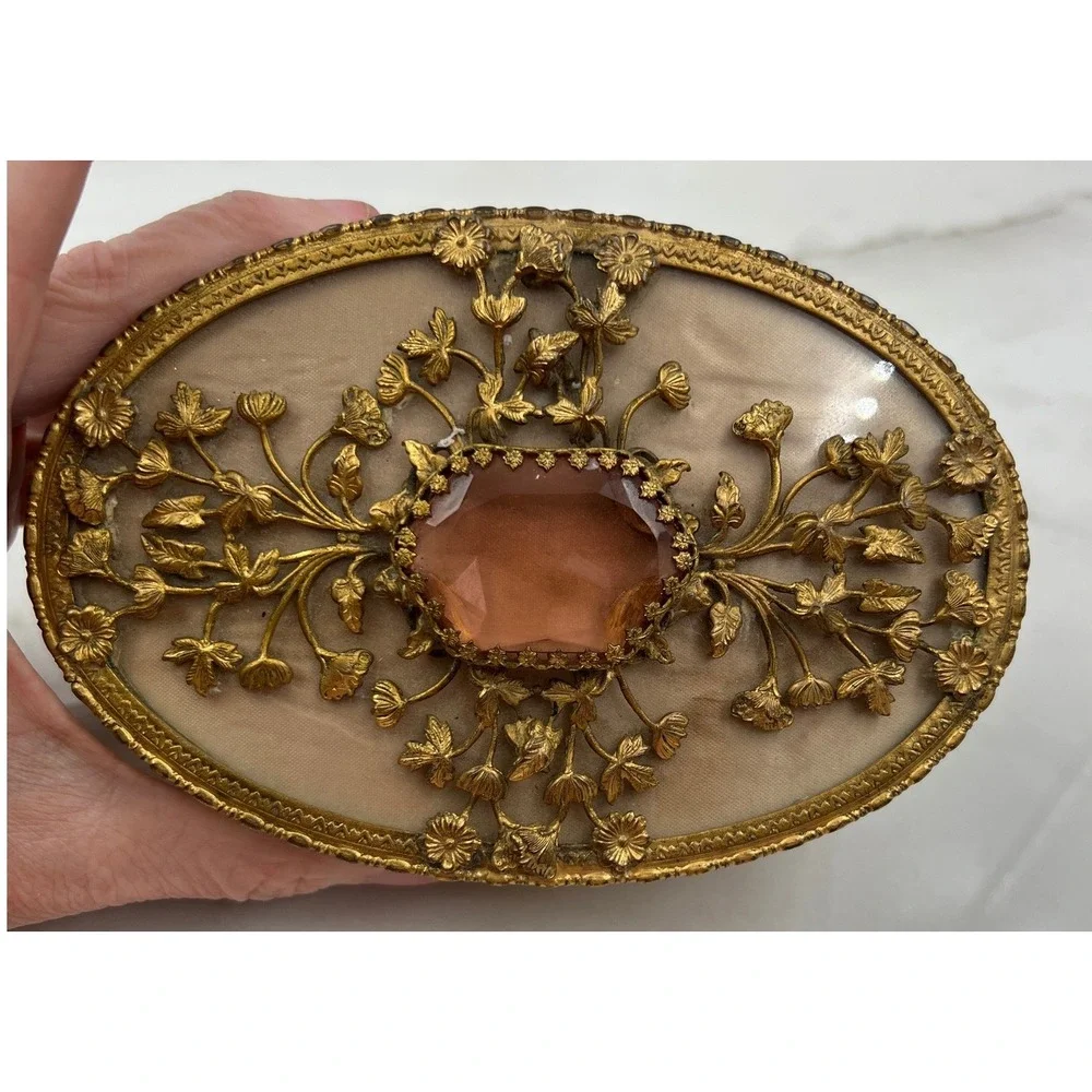 Vintage Filigree Amber Glass Jeweled Top Jewelry Trinket Box Display Case